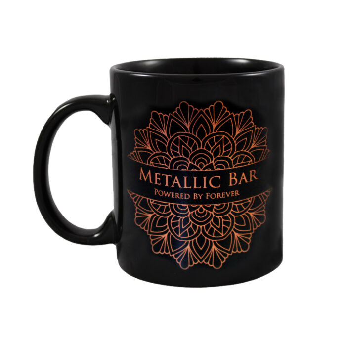 Black Mug with design made with Forever Transfers Multi-Trans Metallic Bronze Paper