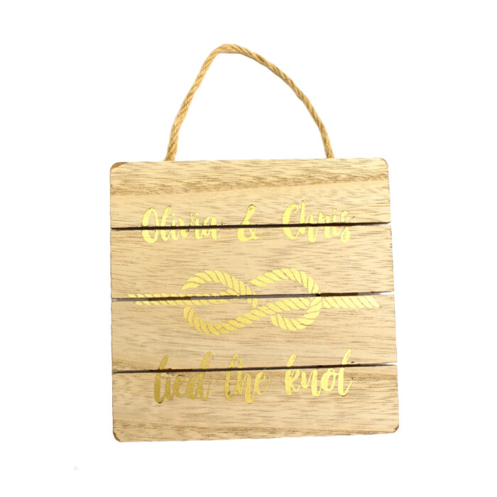 Wooden hanging plaque with personalised gold design made with Forever Multi-Trans Select Gold Paper