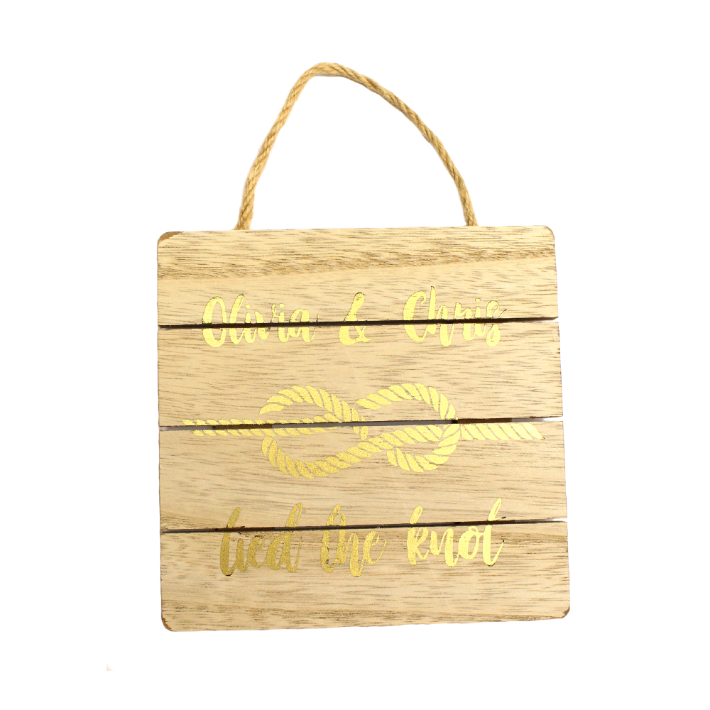 Wooden hanging plaque with personalised gold design made with Forever Multi-Trans Select Gold Paper