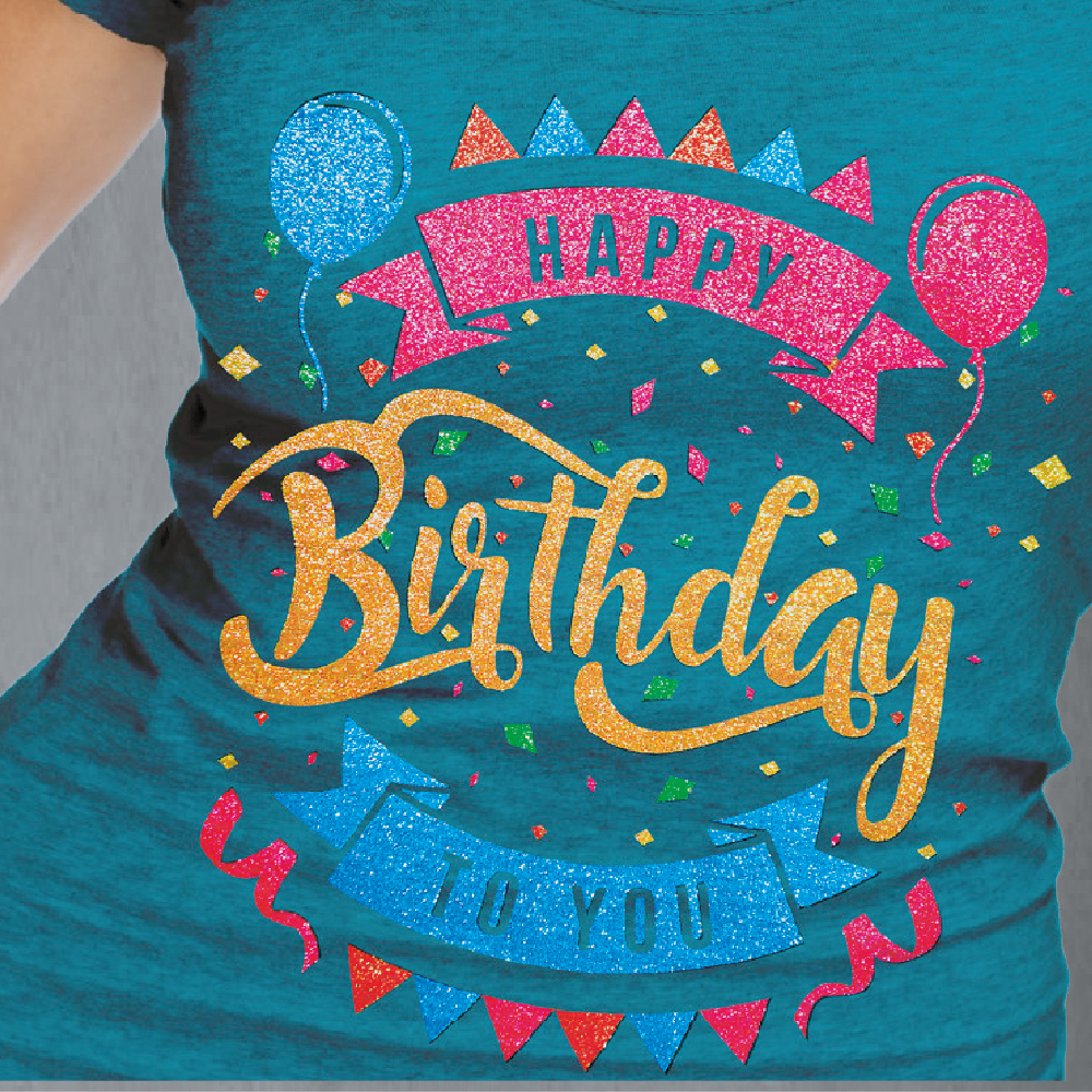 Happy Birthday glitter design on blue shirt made with Forever Subli-Dark (No-Cut) Glitter Paper