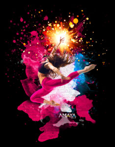 Black graphic image of dancer with pain splashes and Amaya Sales UK Logo
