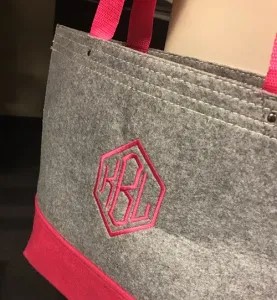 Embroidered Grey and Pink Monogram Bag using Melco EMT16X Embroidery Machine