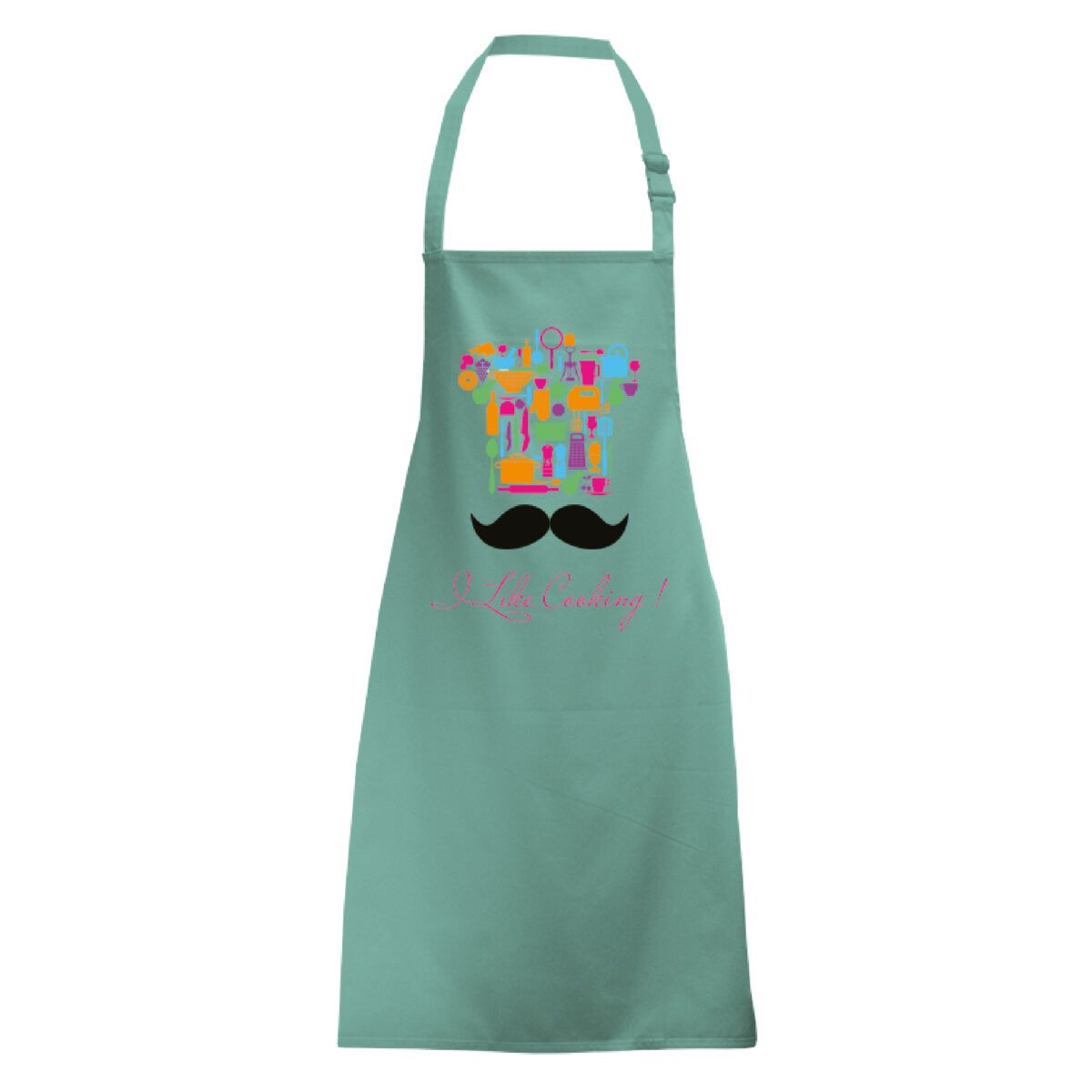 Green Apron with chef moustache design printed using Forever Laser Transparent Paper on white background