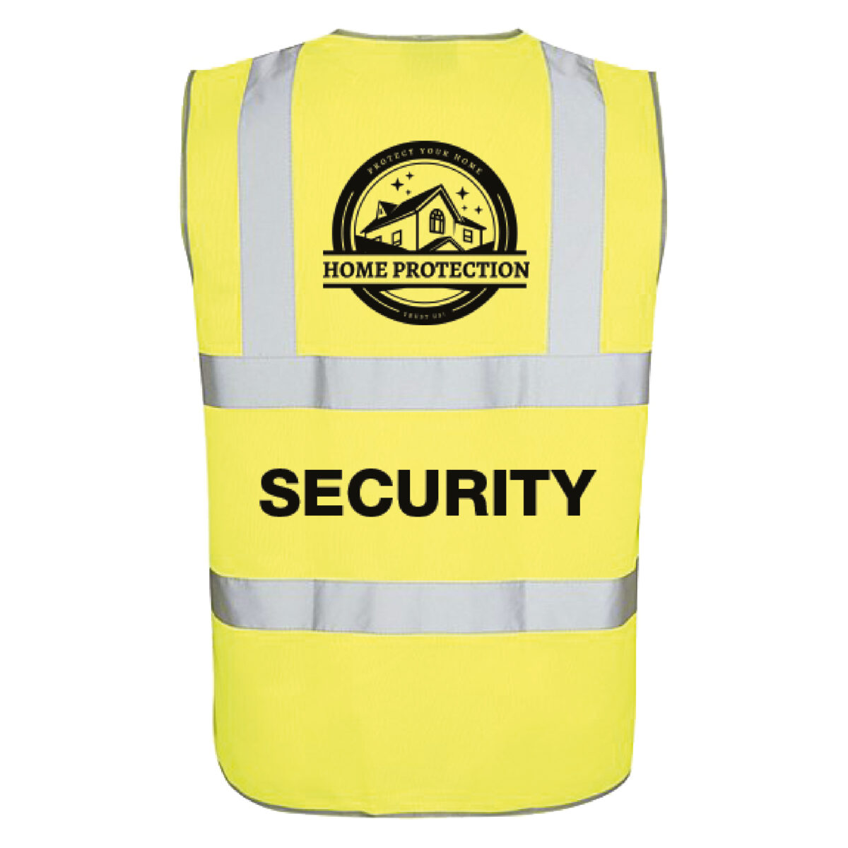 High Vis Vest with Security and Home Protection design printed using Forever Laser Transparent Paper on white background