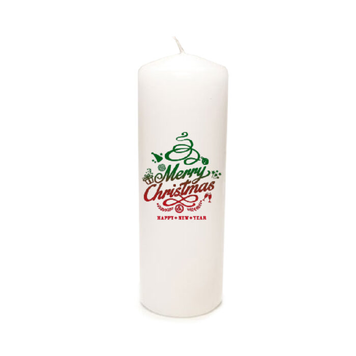 White candle with Christmas design made with Forever Transfers Waterslide Heat Transfer Paper