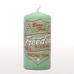 Green candle with racing team design made with Forever Transfers Waterslide Heat Transfer Paper