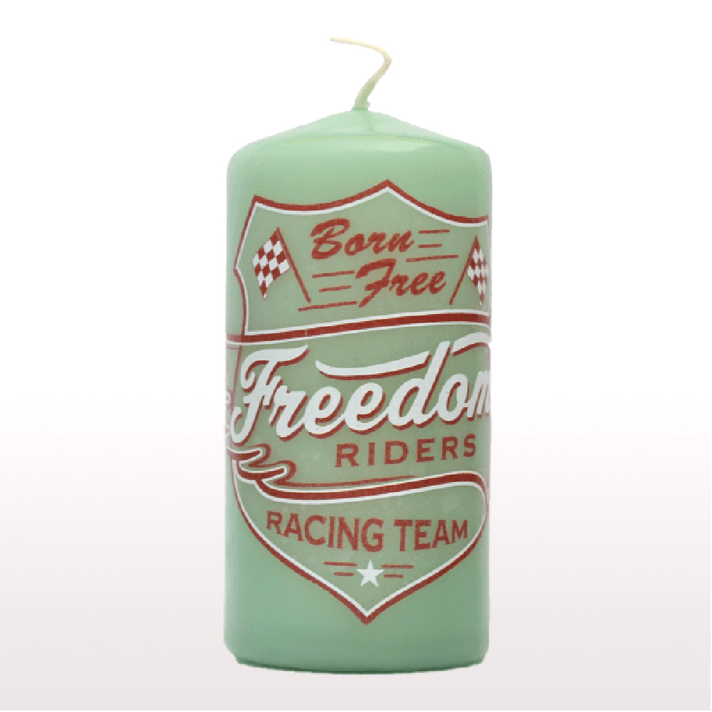 Green candle with racing team design made with Forever Transfers Waterslide Heat Transfer Paper