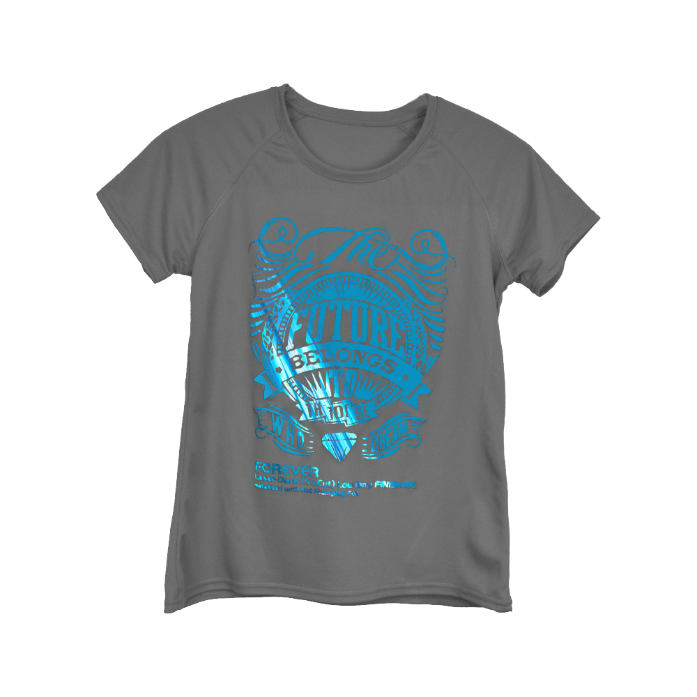 Grey T-shirt with printed design using Blue Forever Hot Stamping Foil