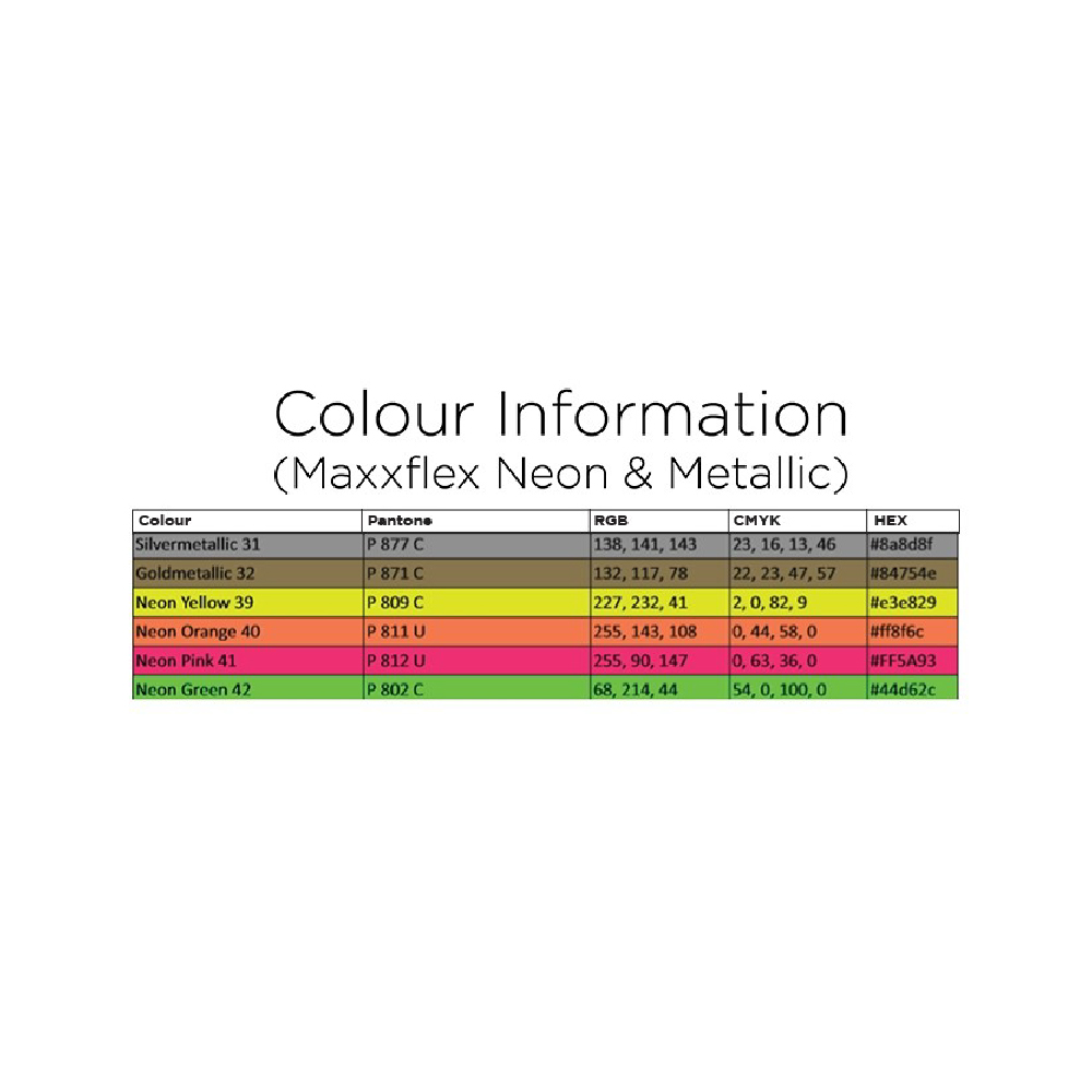 Sef Maxxflex Neon and Metallic Colour Chart