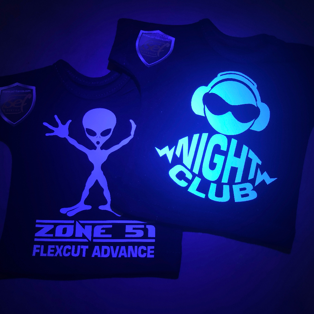 T-Shirts under UV Lamp showing glow in the dark designs made with Sef Flex Cut Sticky Night Club Vinyl