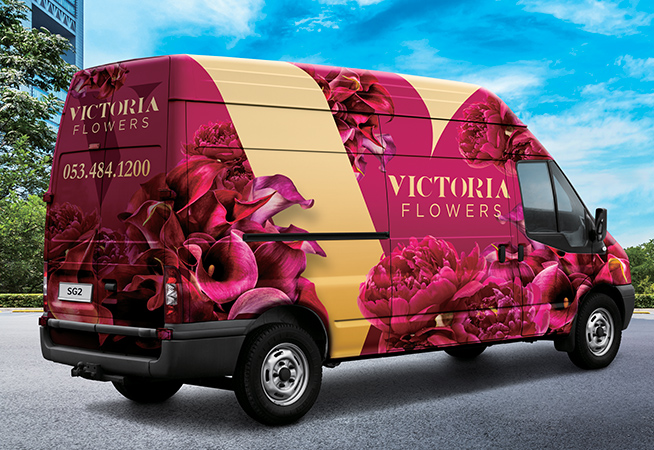 Van outside with Victoria flowers branding wrap, made with Roland True Vis SG2 Series Printers Van outside with Victoria flowers branding wrap, made with Roland True Vis SG2 Series Printers