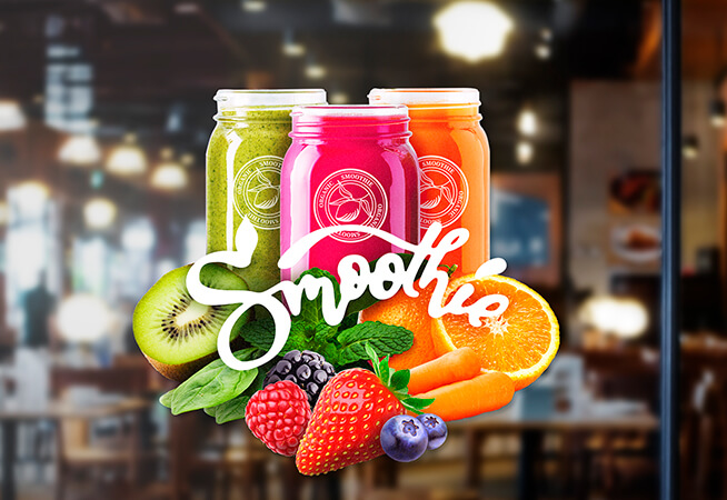 Smoothie design sticker adhered to window printed using Roland True Vis SG2 Series Printers
