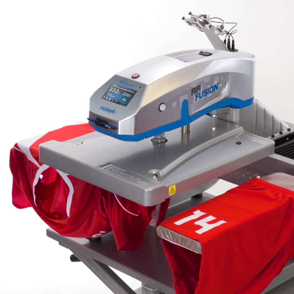 Heat Press Equipment Cart with Stahls Hotronix Fusion Heatpress and sports shirt