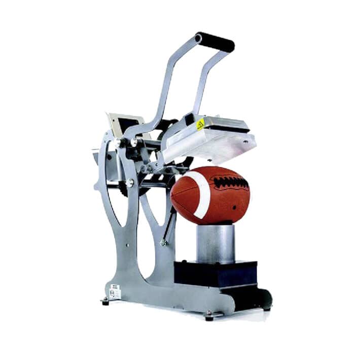 Stahls Hotronix Auto Open Sports Ball Press with rugby ball