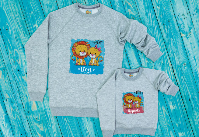 Children's Grey Sweatshirts with animal prints on blue wooden background printed using the Roland XT-640S Direct to Garment Printer