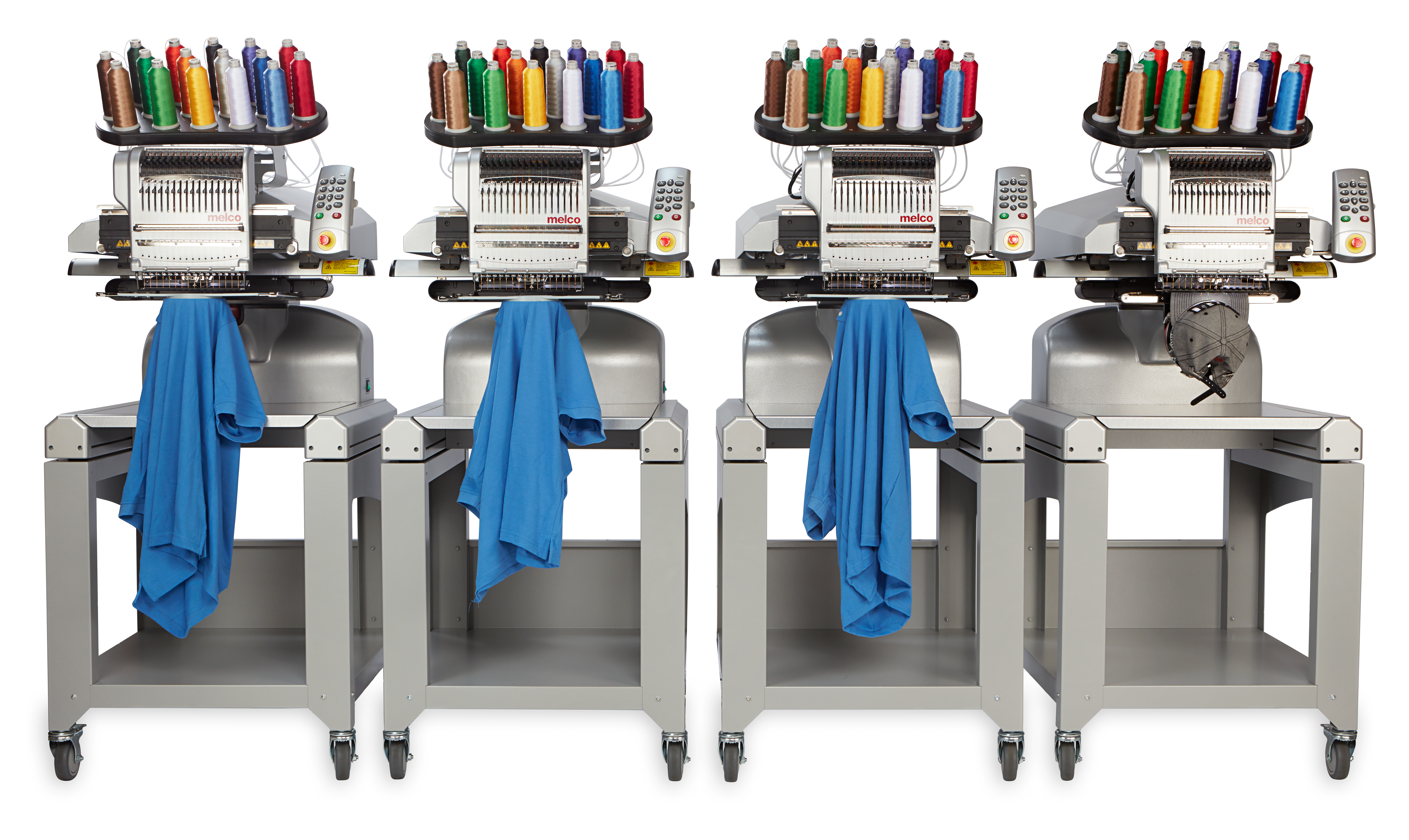 Melco EMT16X Four Head System Modular Embroidery Machines with garments