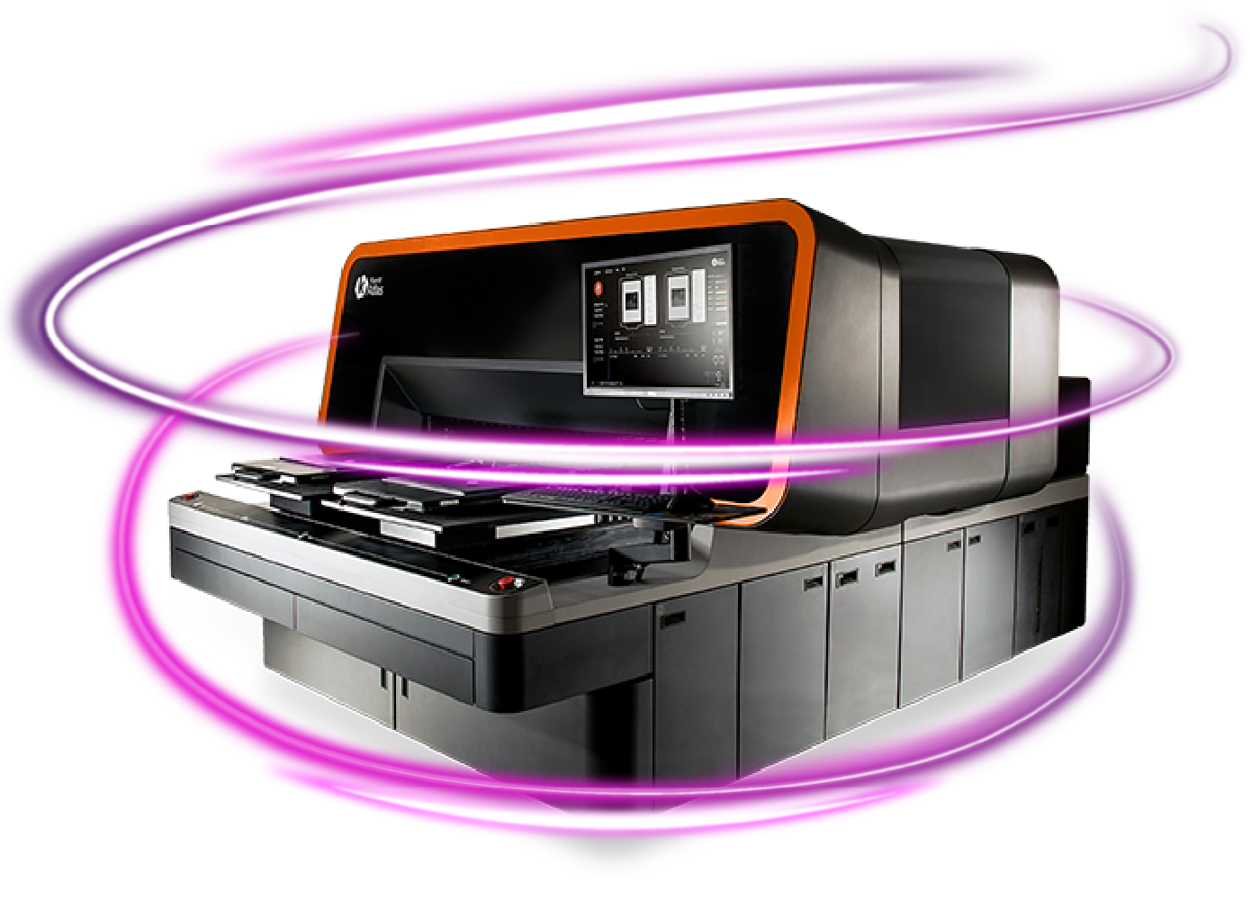 Kornit Atlas Direct to garment printer with pink purple flare around it on transparent background