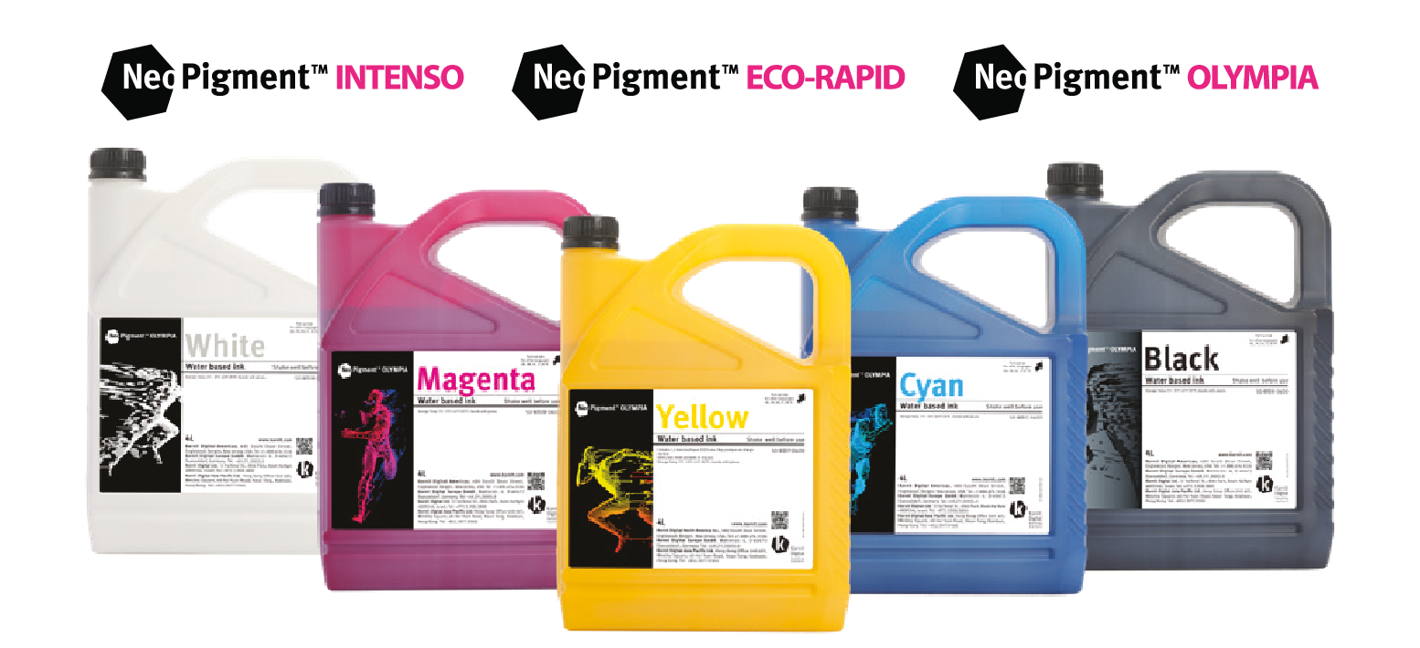 Kornit NeoPigment Intenso Eco-Rapid Olympia Inks with logos on transparent background