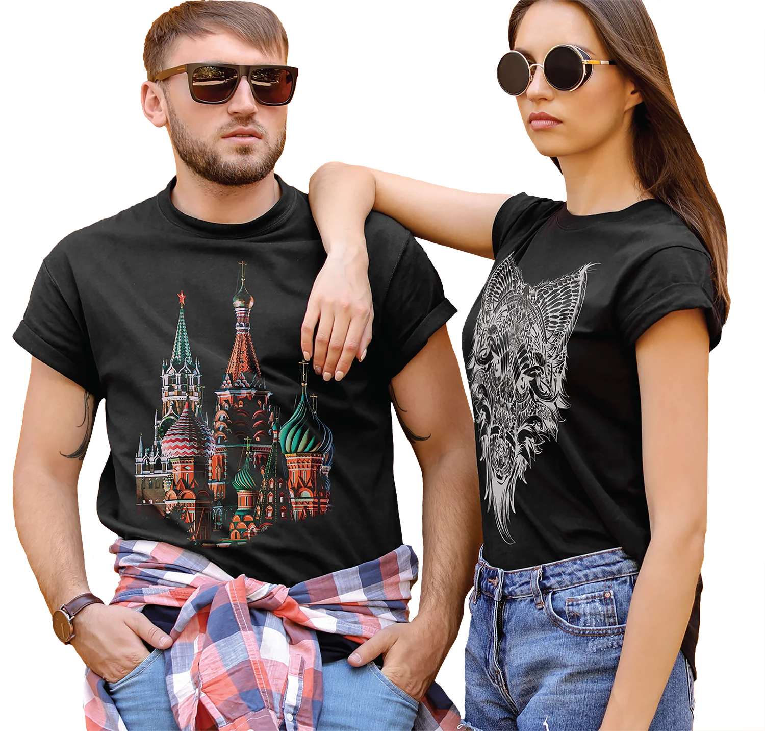 Couple with printed tshirts by Forever