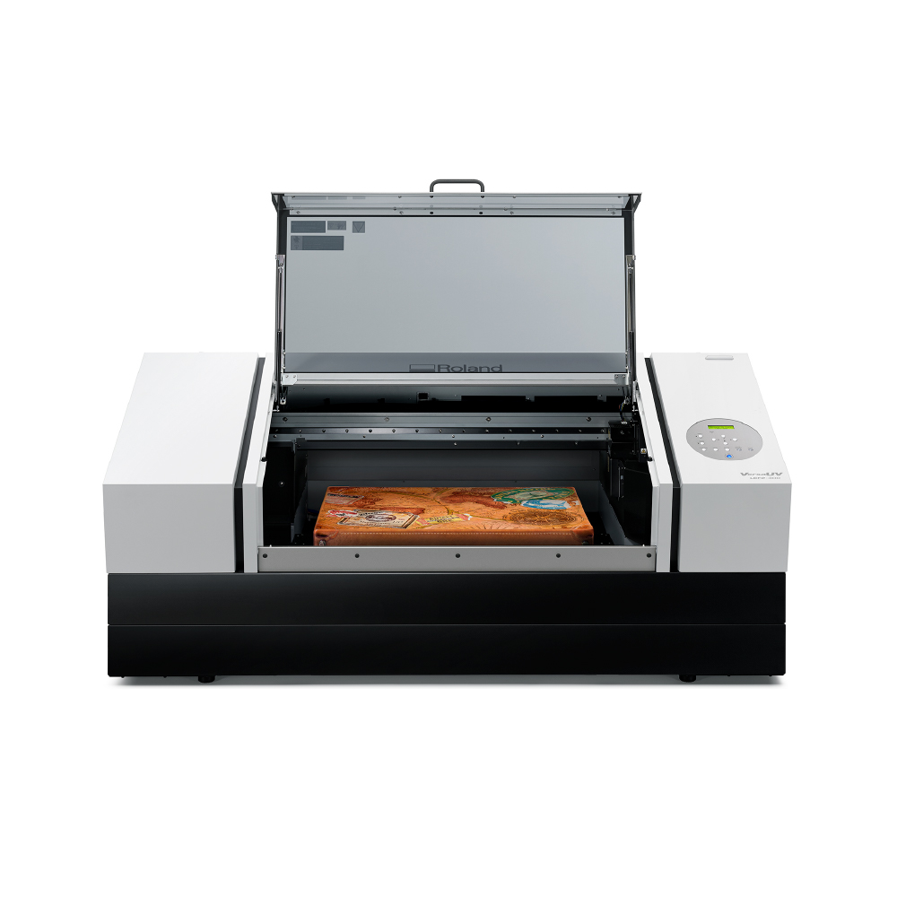 Roland Versa UV LEF-300D Flat Bed Printer with lid open on white background