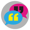 Blue and Pink Testimonial icon on grey circle with transparent background