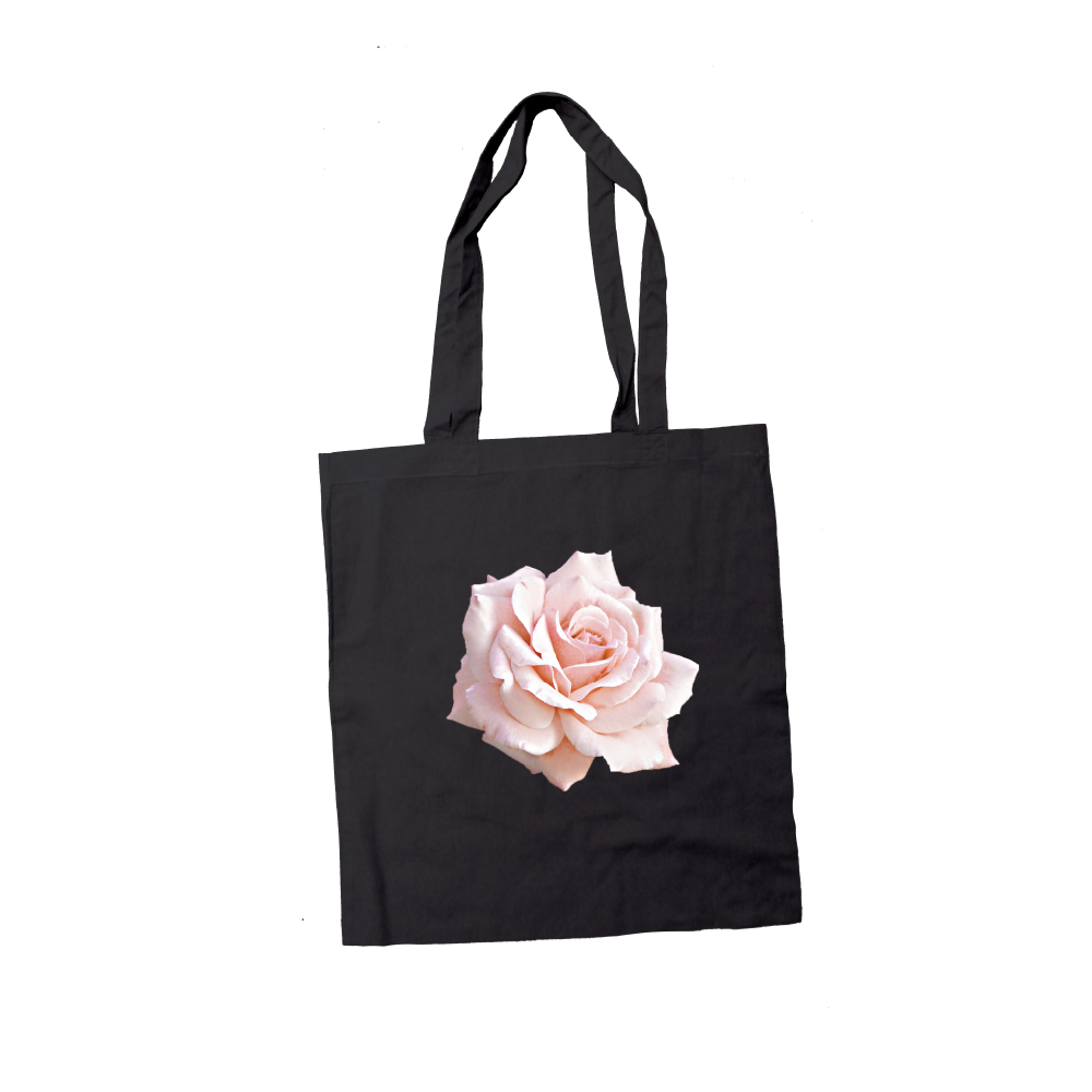 Black Tote Bag with pink rose design printed with Forever Laser Dark No Cut Lite B Paper on white background