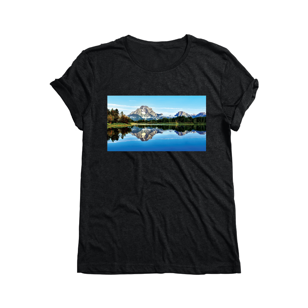 Black T-shirt with Block image design of mountains printed with Forever Laser Dark Cuttable Paper on white background