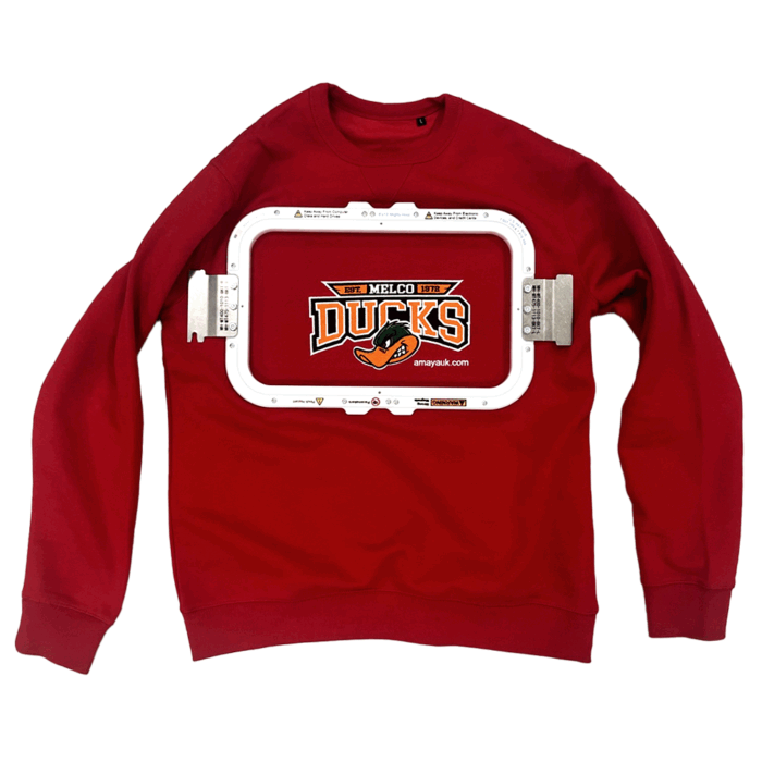8x13" Mighty Hoop on Red Jumper
