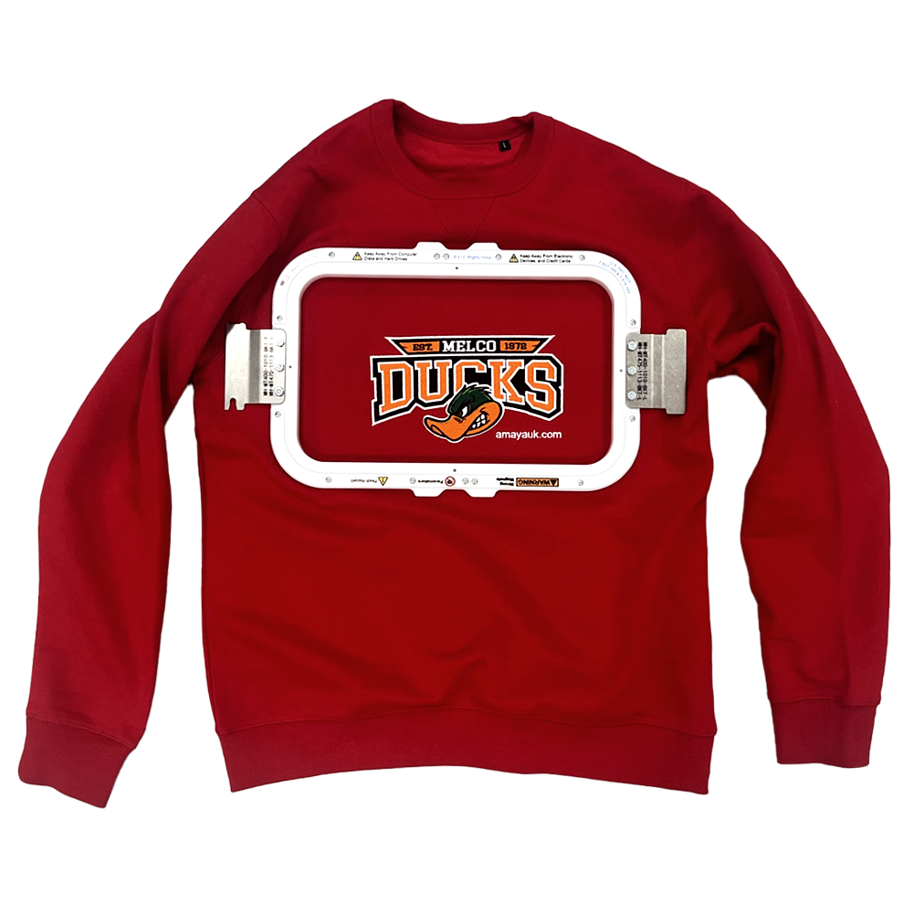 8x13" Mighty Hoop on Red Jumper