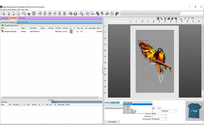 Digital Factory Colour and black Print Queue Screen